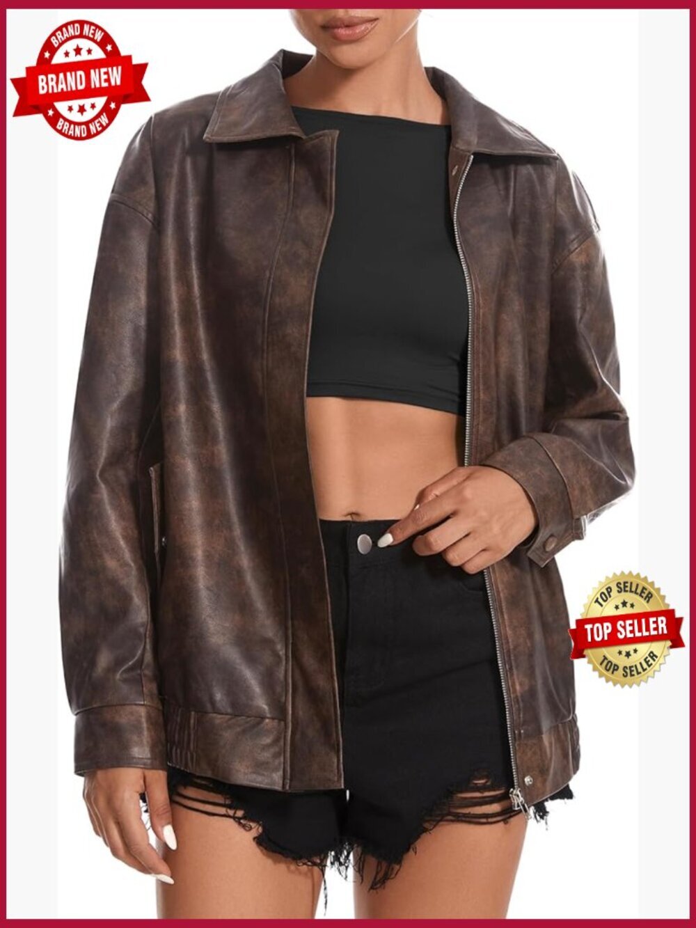 Oversized Faux Leather Moto Jacket Zipper Bomber Coat